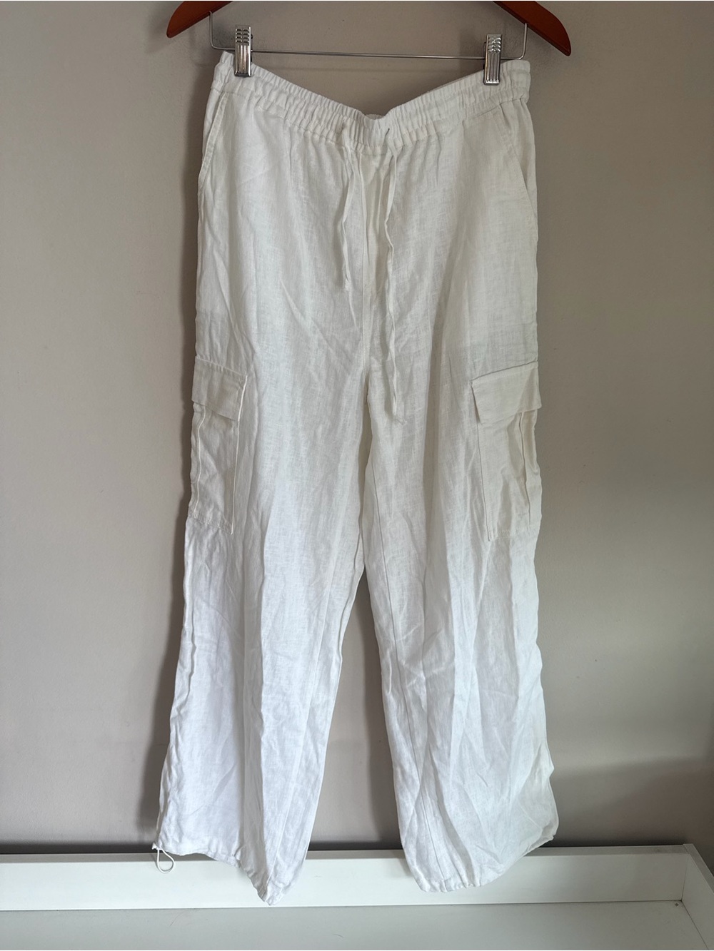 Love Tree Womens White Linen Blend Cargo Pants Wide Leg Drawstring Size L